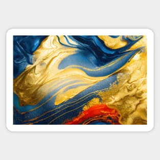 Fluid art gold with blue and red paint. Sticker